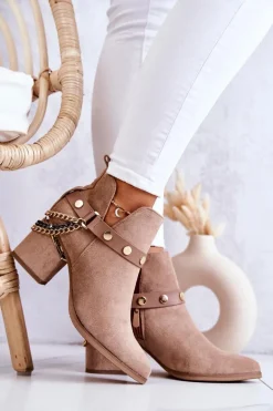 Zamszowe Damskie Botki Z Łańcuszkami Ciemnobeżowe Tracy