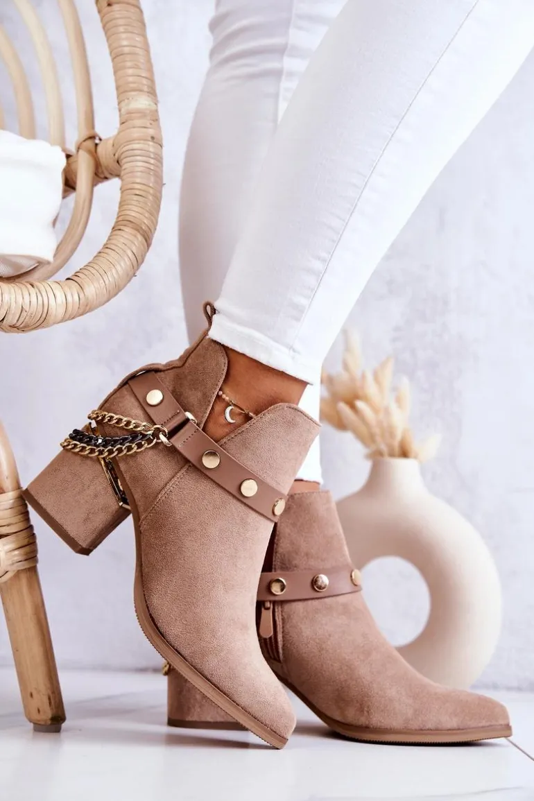 Zamszowe Damskie Botki Z Łańcuszkami Ciemnobeżowe Tracy