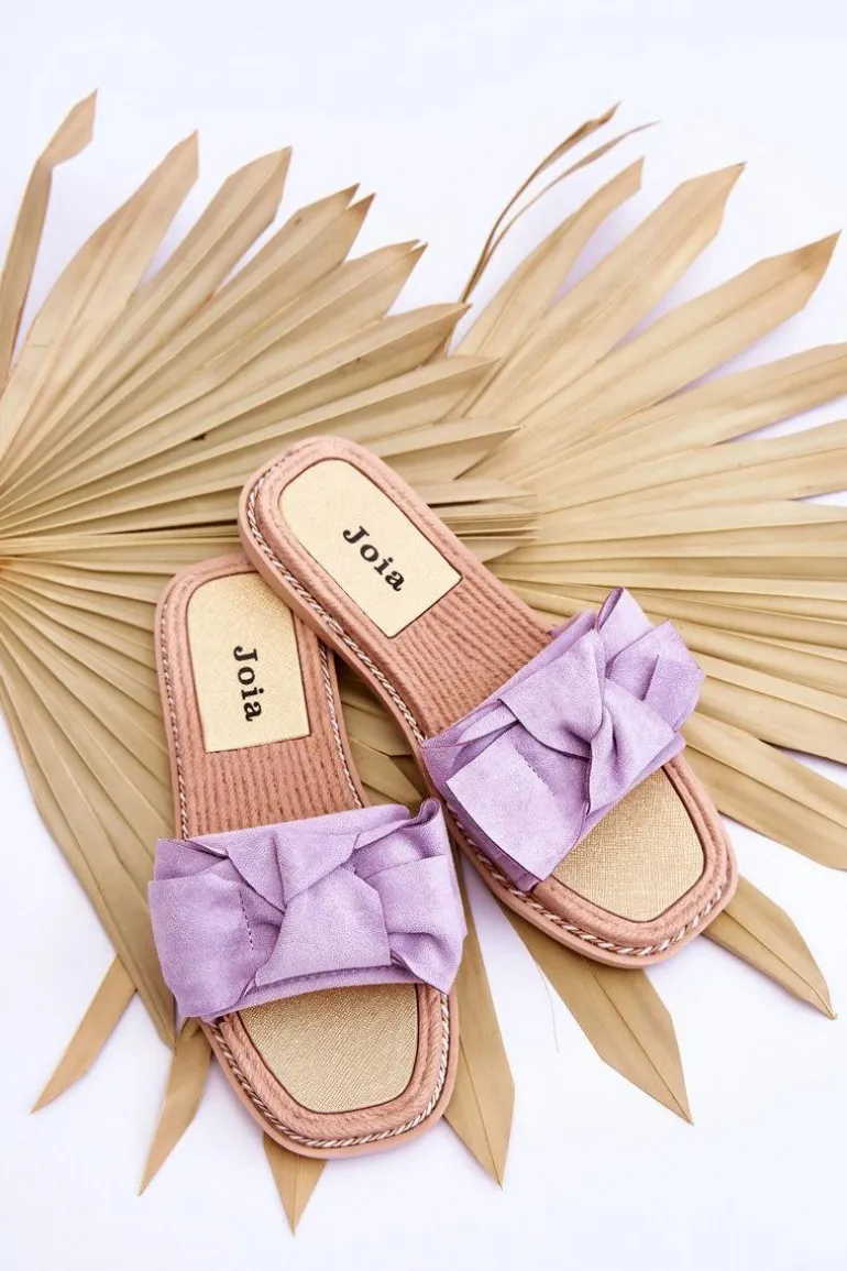 Zamszowe Damskie Klapki Z Kokardą Fioletowe Ambra