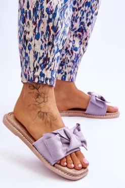 Zamszowe Damskie Klapki Z Kokardą Fioletowe Ambra