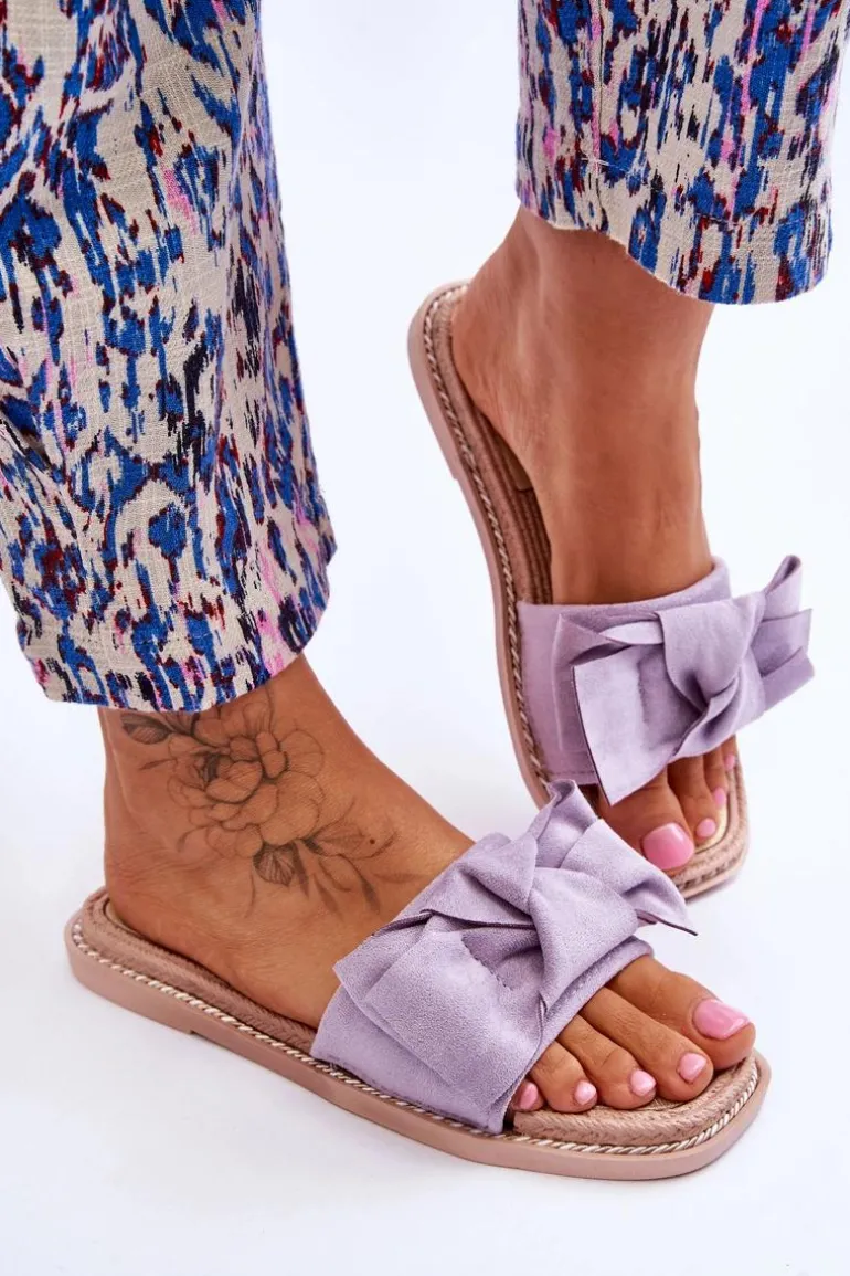 Zamszowe Damskie Klapki Z Kokardą Fioletowe Ambra