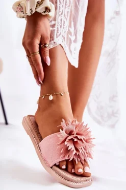 Zamszowe Damskie Klapki Z Ozdobą Różowe Giorgia