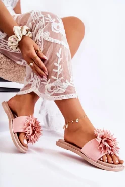 Zamszowe Damskie Klapki Z Ozdobą Różowe Giorgia