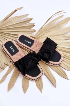 Zamszowe Damskie Klapki Z Kokardą Czarne Ambra