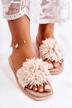 Zamszowe Damskie Klapki Z Ozdobą Beżowe Giorgia