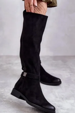 Zamszowe Damskie Kozaki Na Płaskim Obcasie Czarne Henrike