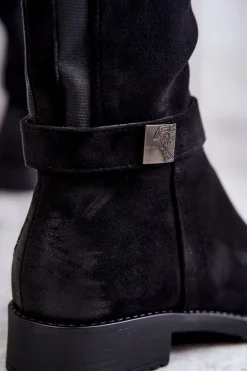 Zamszowe Damskie Kozaki Na Płaskim Obcasie Czarne Henrike