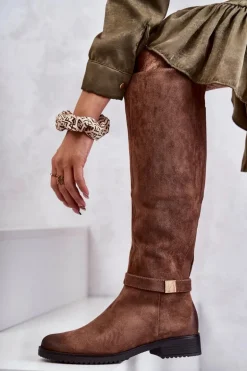 Zamszowe Damskie Kozaki Na Płaskim Obcasie Brązowe Henrike