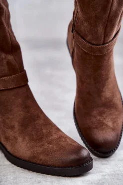 Zamszowe Damskie Kozaki Na Płaskim Obcasie Brązowe Henrike