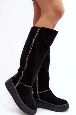 Zamszowe Damskie Kozaki Na Masywnej Platformie Maciejka 06312-01 Czarne