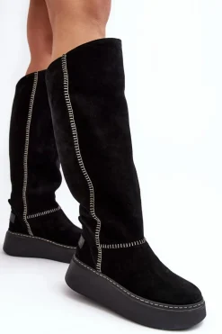 Zamszowe Damskie Kozaki Na Masywnej Platformie Maciejka 06312-01 Czarne