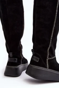 Zamszowe Damskie Kozaki Na Masywnej Platformie Maciejka 06312-01 Czarne