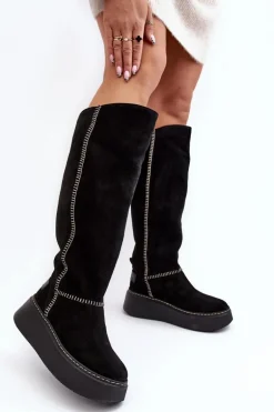 Zamszowe Damskie Kozaki Na Masywnej Platformie Maciejka 06312-01 Czarne