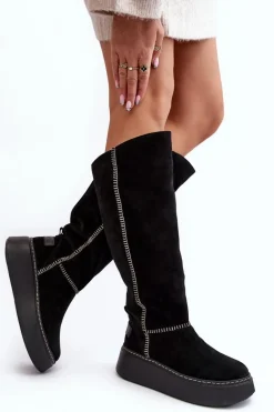 Zamszowe Damskie Kozaki Na Masywnej Platformie Maciejka 06312-01 Czarne