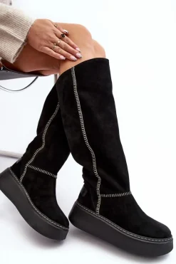 Zamszowe Damskie Kozaki Na Masywnej Platformie Maciejka 06312-01 Czarne