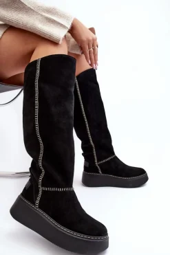 Zamszowe Damskie Kozaki Na Masywnej Platformie Maciejka 06312-01 Czarne