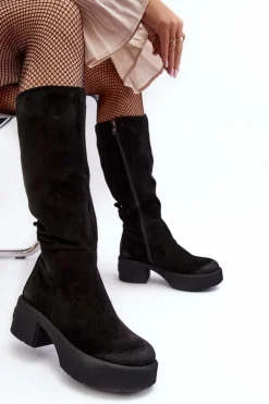 Zamszowe Damskie Kozaki Przed Kolano Lemar Czarne Malayah