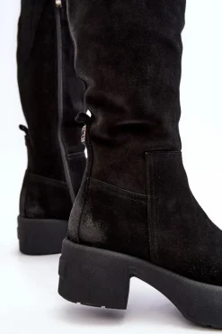 Zamszowe Damskie Kozaki Przed Kolano Lemar Czarne Malayah