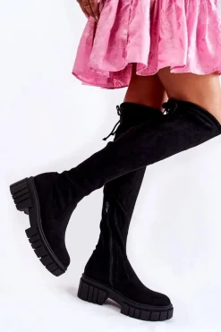 Zamszowe Damskie Kozaki Za Kolano Czarne Cheera