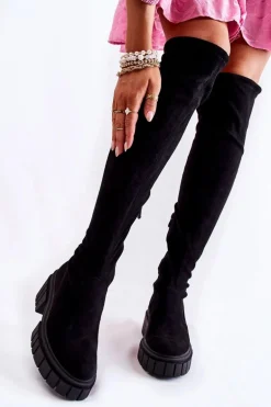 Zamszowe Damskie Kozaki Za Kolano Czarne Cheera