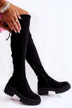 Zamszowe Damskie Kozaki Za Kolano Czarne Cheera