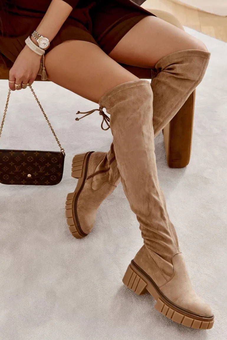 Zamszowe Damskie Kozaki Za Kolano Beżowe Cheera