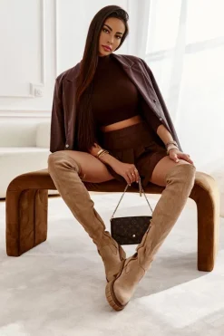 Zamszowe Damskie Kozaki Za Kolano Beżowe Cheera