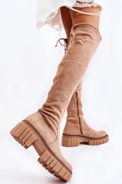 Zamszowe Damskie Kozaki Za Kolano Beżowe Cheera