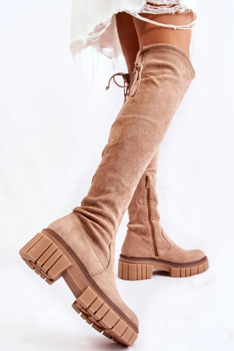 Zamszowe Damskie Kozaki Za Kolano Beżowe Cheera