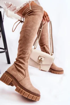 Zamszowe Damskie Kozaki Za Kolano Beżowe Cheera