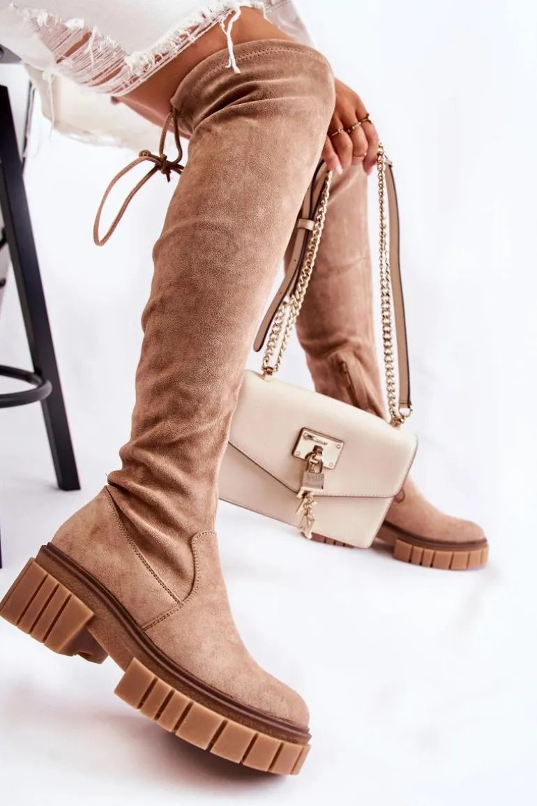 Zamszowe Damskie Kozaki Za Kolano Beżowe Cheera