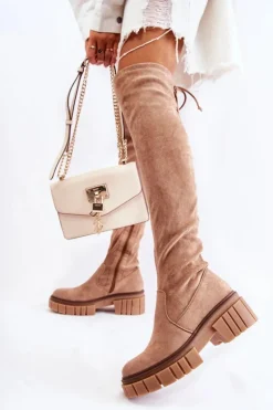 Zamszowe Damskie Kozaki Za Kolano Beżowe Cheera