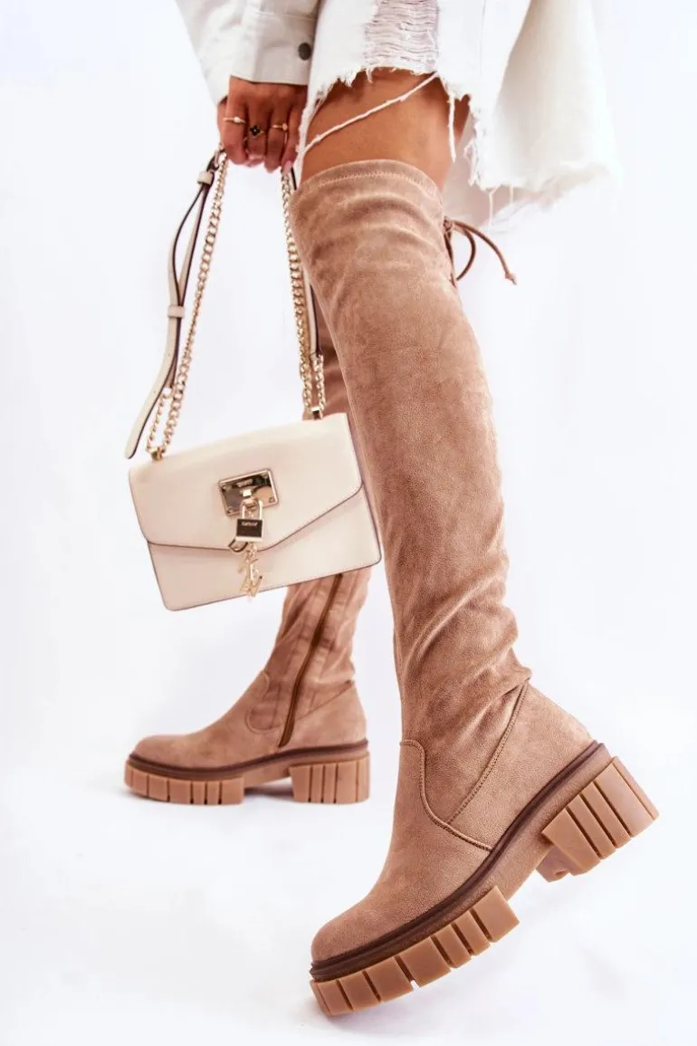 Zamszowe Damskie Kozaki Za Kolano Beżowe Cheera