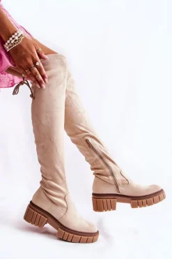 Zamszowe Damskie Kozaki Za Kolano Jasnobeżowe Cheera
