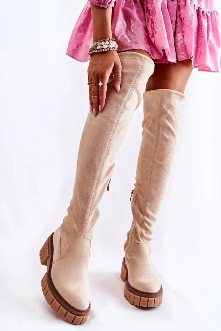 Zamszowe Damskie Kozaki Za Kolano Jasnobeżowe Cheera