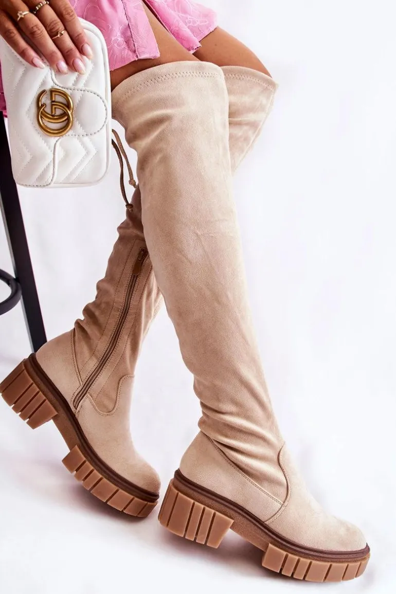 Zamszowe Damskie Kozaki Za Kolano Jasnobeżowe Cheera