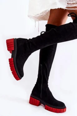 Zamszowe Damskie Kozaki Za Kolano Czarno-Czerwone Cheera