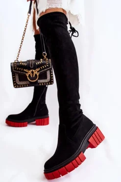 Zamszowe Damskie Kozaki Za Kolano Czarno-Czerwone Cheera