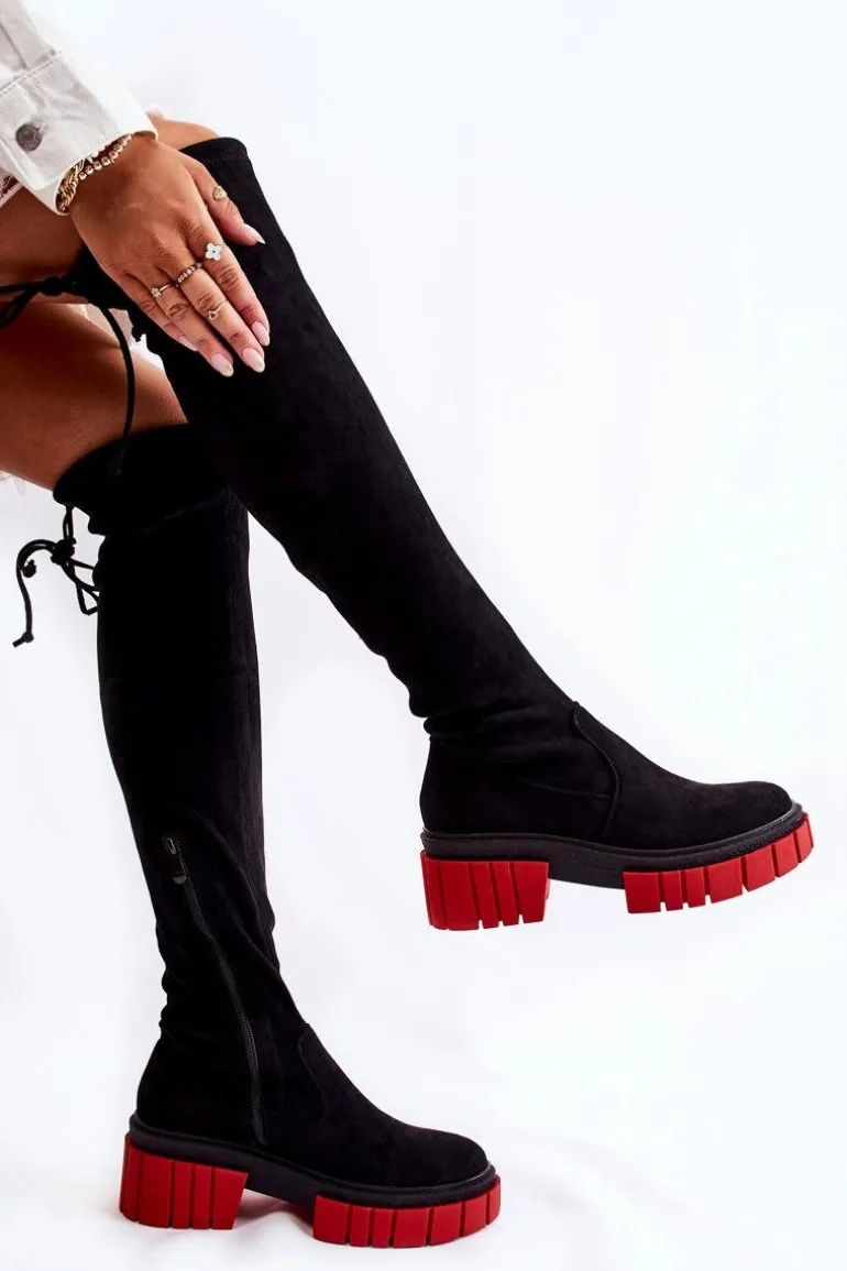 Zamszowe Damskie Kozaki Za Kolano Czarno-Czerwone Cheera