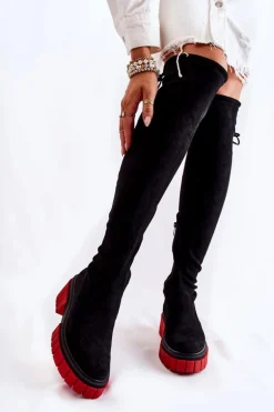 Zamszowe Damskie Kozaki Za Kolano Czarno-Czerwone Cheera