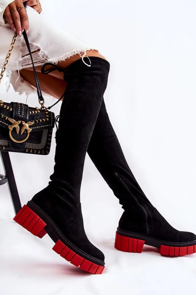Zamszowe Damskie Kozaki Za Kolano Czarno-Czerwone Cheera