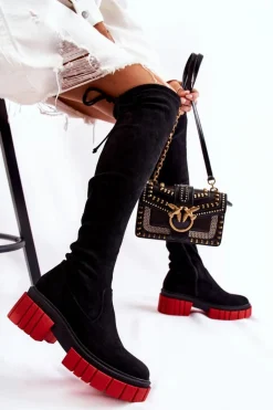 Zamszowe Damskie Kozaki Za Kolano Czarno-Czerwone Cheera