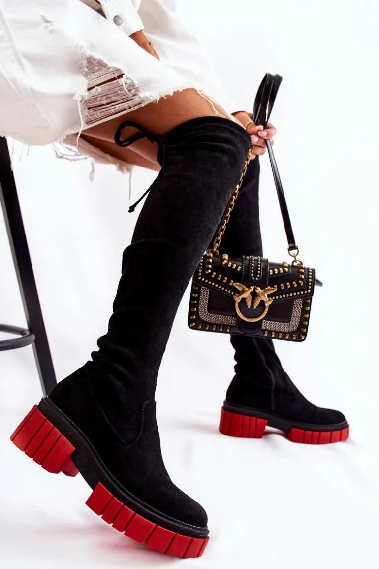 Zamszowe Damskie Kozaki Za Kolano Czarno-Czerwone Cheera