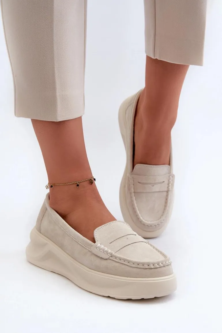 Zamszowe Damskie Mokasyny Jasnobeżowe Filidia