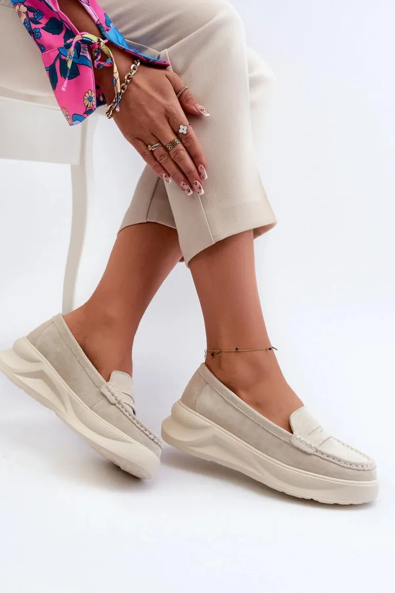 Zamszowe Damskie Mokasyny Jasnobeżowe Filidia