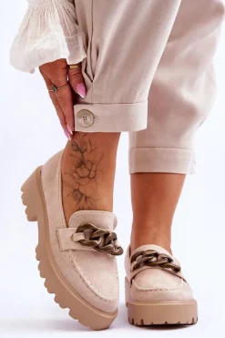 Zamszowe Damskie Mokasyny S.Barski HX52-222 Beżowe