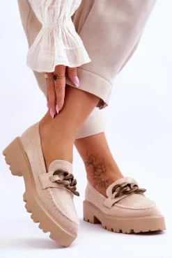 Zamszowe Damskie Mokasyny S.Barski HX52-222 Beżowe