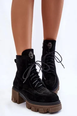 Zamszowe Damskie Ocieplane Botki Trapery Czarne Lemar Rehin