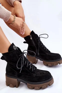 Zamszowe Damskie Ocieplane Botki Trapery Czarne Lemar Rehin
