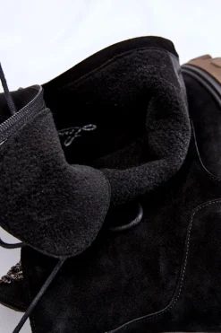 Zamszowe Damskie Ocieplane Botki Trapery Czarne Lemar Rehin